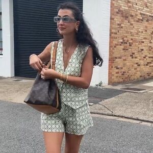 Linen vest shorts print green set
